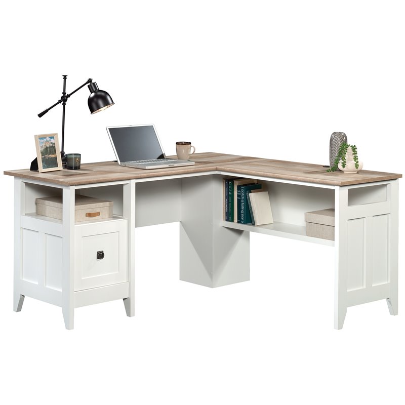 Maklaine Engineered Wood L-Shaped Computer Desk in Glacier White