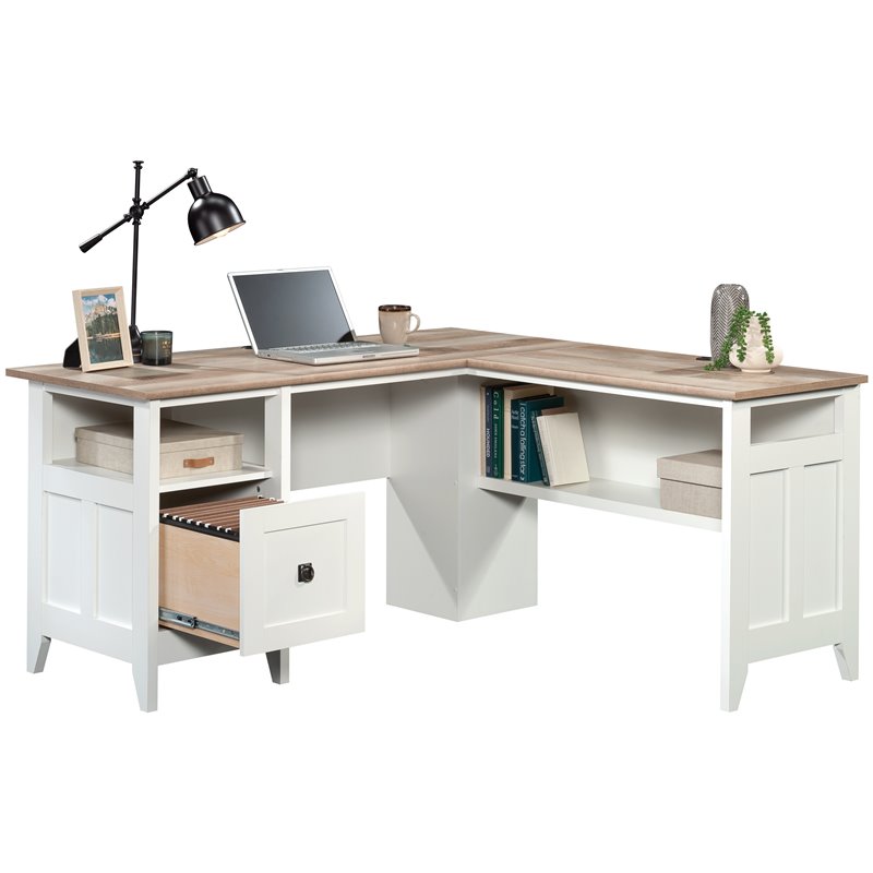 Maklaine Engineered Wood L-Shaped Computer Desk in Glacier White