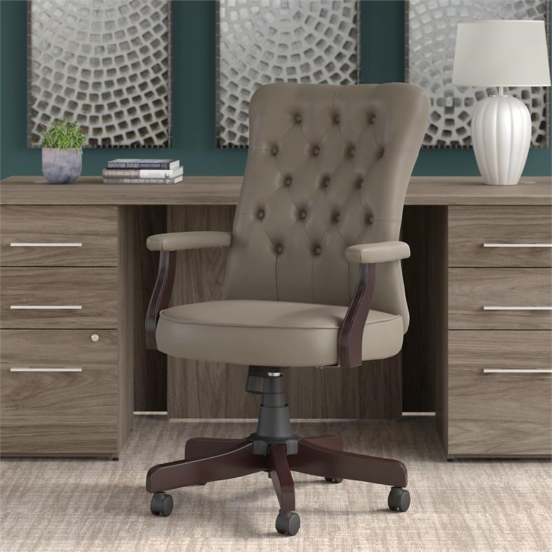 Maklaine High Back Tufted Office Chair with Arms in Washed Gray Leather