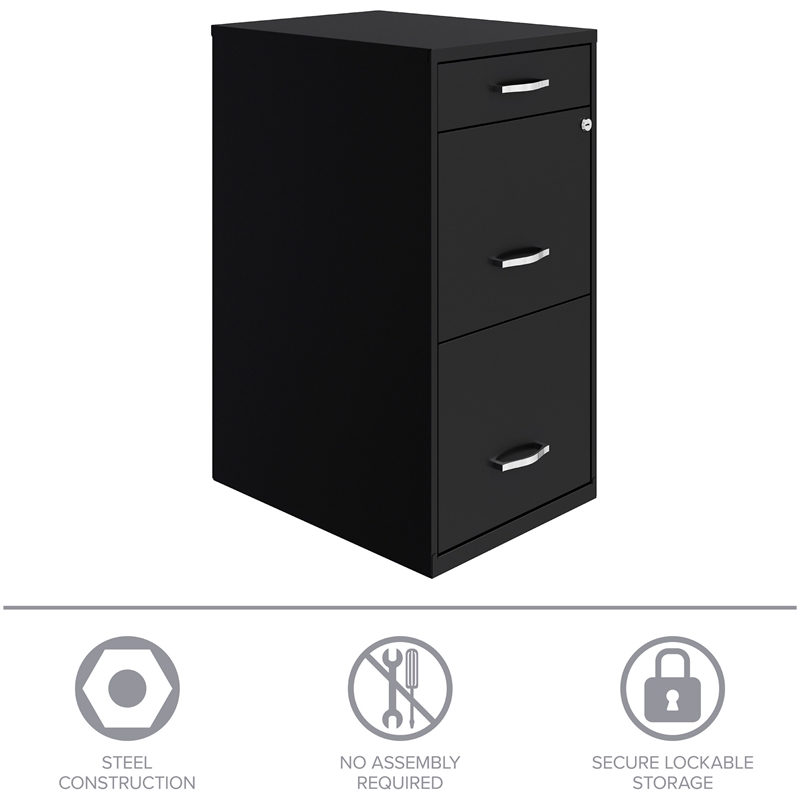 Maklaine 18in Deep 3 Drawer Metal Organizer Filing Cabinet in Black