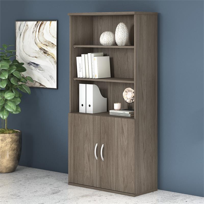 Maklaine Engineered Wood Tall 5 Shelf Bookcase with Doors in Modern Hickory