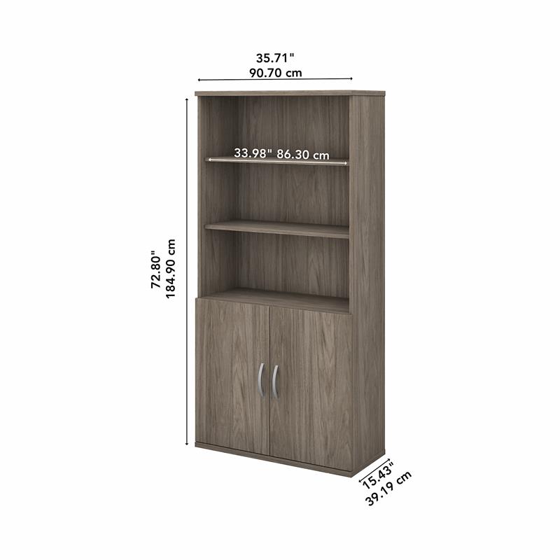 Maklaine Engineered Wood Tall 5 Shelf Bookcase with Doors in Modern Hickory