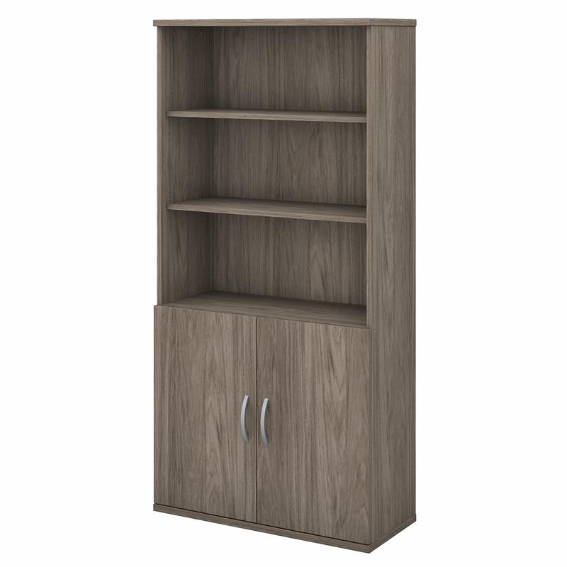 Maklaine Engineered Wood Tall 5 Shelf Bookcase with Doors in Modern Hickory