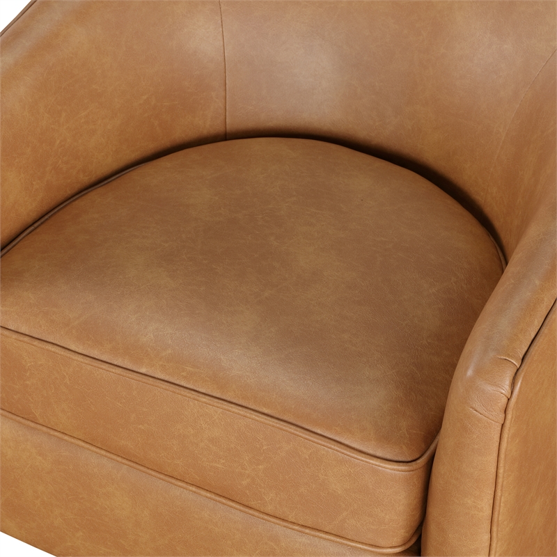 Maklaine Saddle Brown Faux Leather Wood Base Barrel Swivel Chair