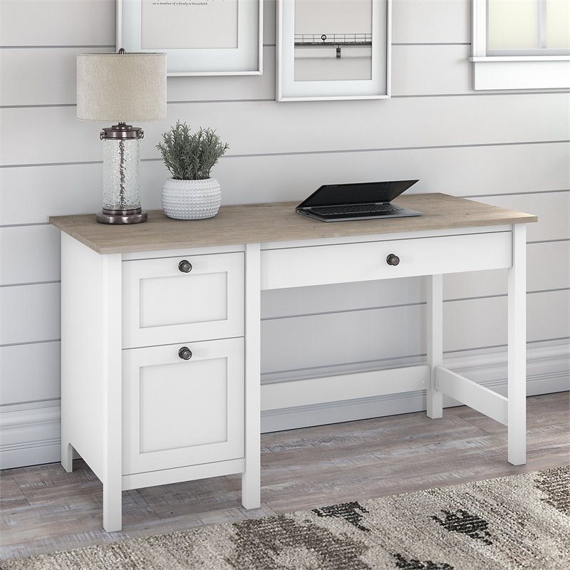 Maklaine Engineered Wood 54W Computer Desk with Drawers in Shiplap Gray/White