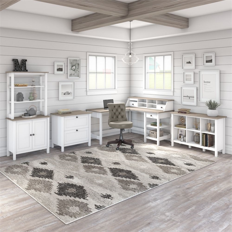 Maklaine Engineered Wood 54W Computer Desk with Drawers in Shiplap Gray/White