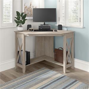 Maklaine Farmhouse Engineered Wood Small Corner Desk in Washed Gray
