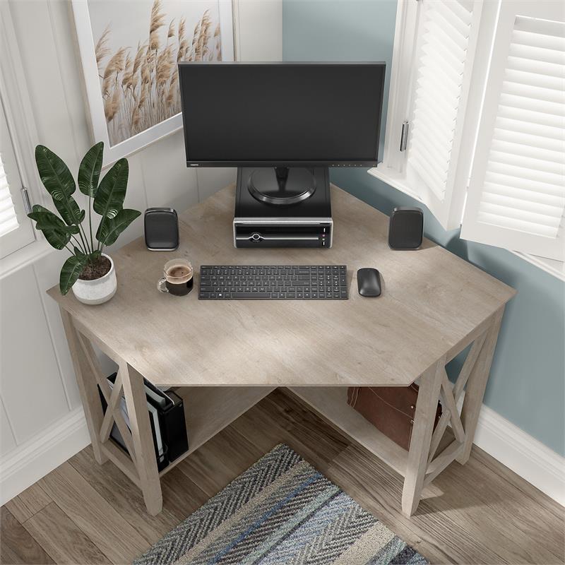 Maklaine Farmhouse Engineered Wood Small Corner Desk in Washed Gray