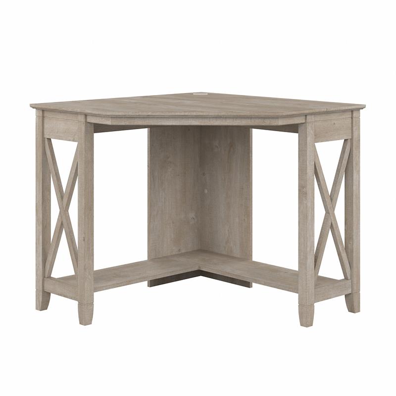 Maklaine Farmhouse Engineered Wood Small Corner Desk in Washed Gray