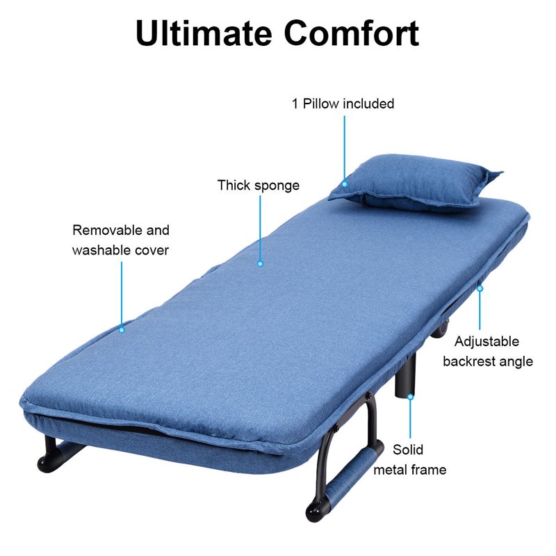 Maklaine Polyester and Steel Convertible Sofa Bed with Cushion in Blue
