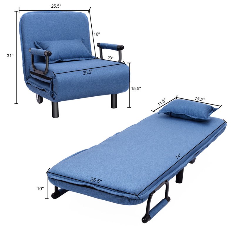 Maklaine Polyester and Steel Convertible Sofa Bed with Cushion in Blue