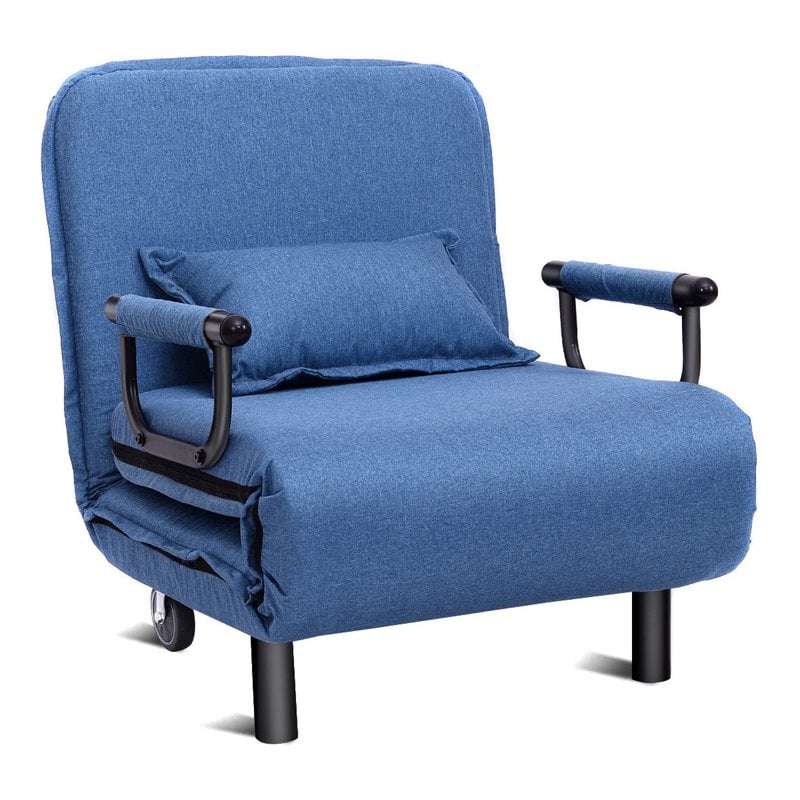 Maklaine Polyester and Steel Convertible Sofa Bed with Cushion in Blue