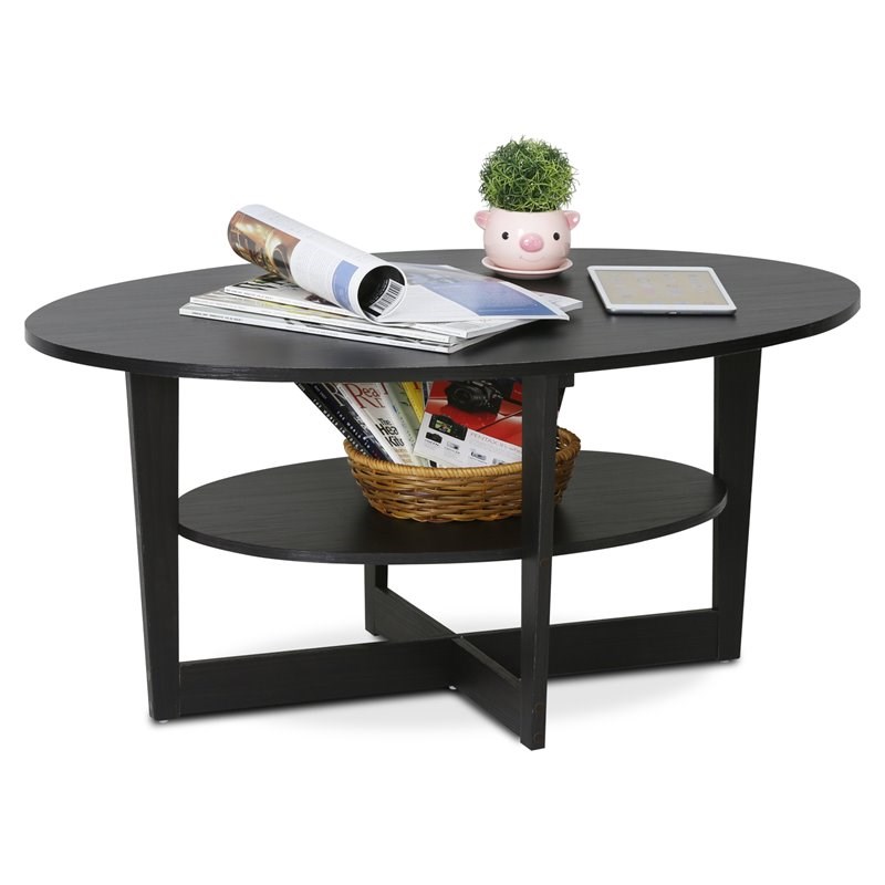 Maklaine Contemporary Engineered Wood Oval Coffee Table in Walnut