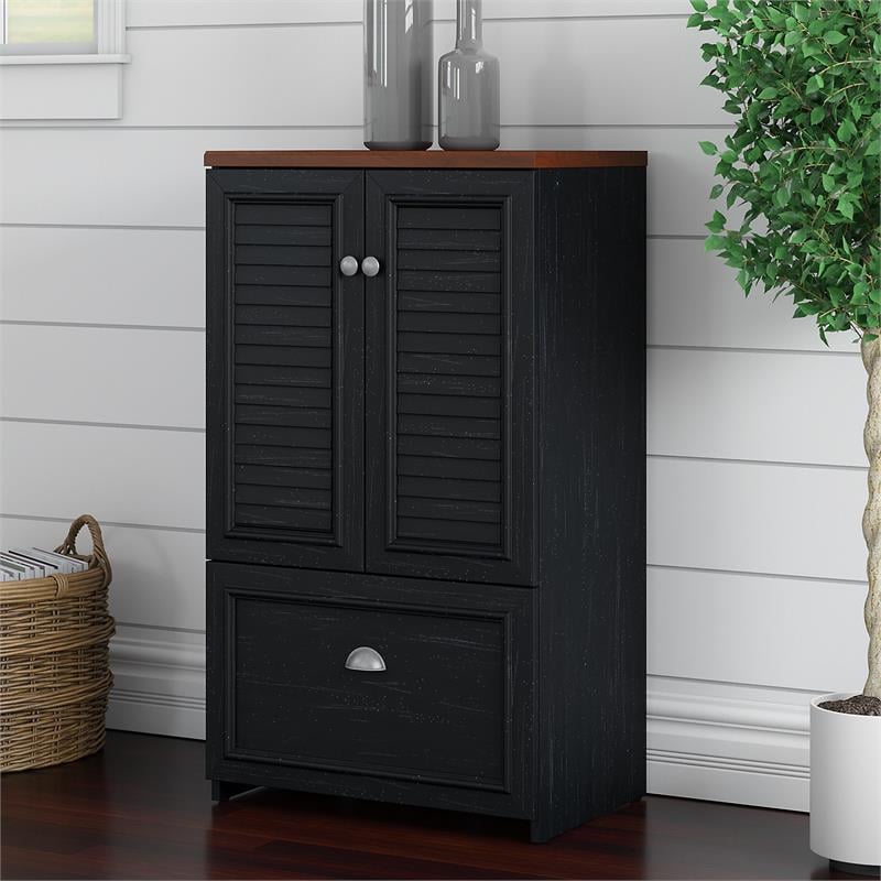 Maklaine Engineered Wood Storage Cabinet with File Drawer in Black and Cherry