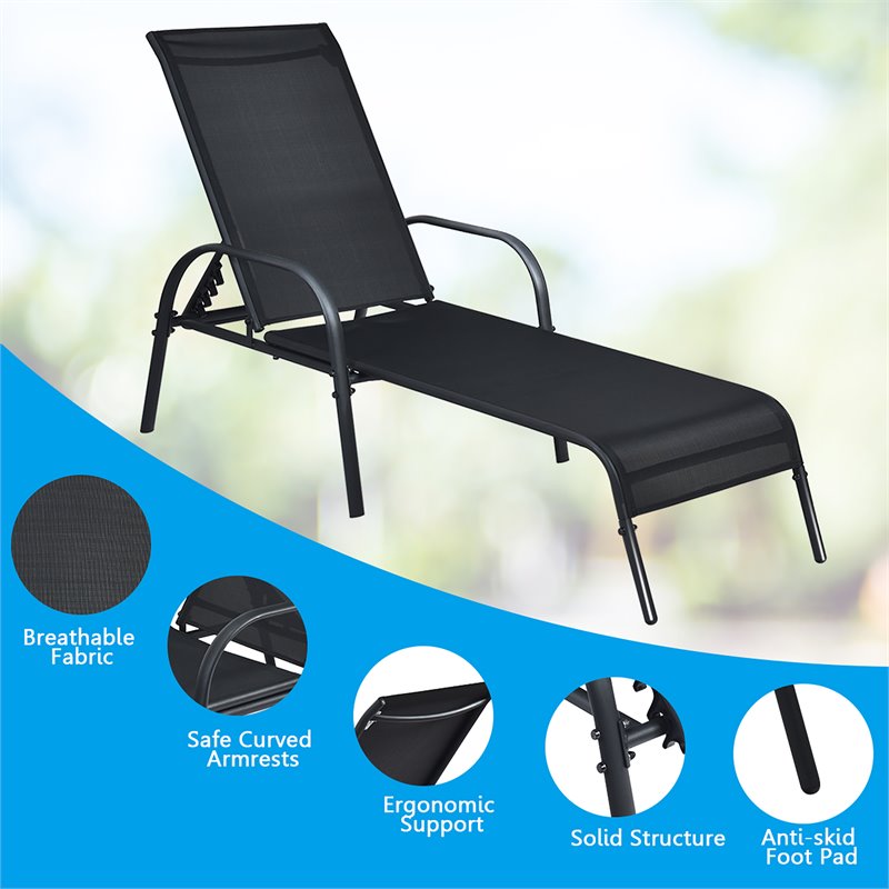 Maklaine Fabric and Steel Patio Lounge Chairs in Black (Set of 2)