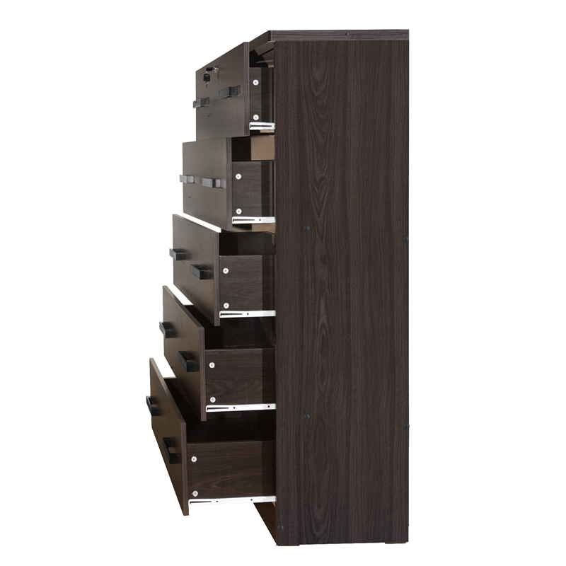 Maklaine Contemporary Wooden Tall 5 Drawer Chest Bedroom Dresser Tobacco