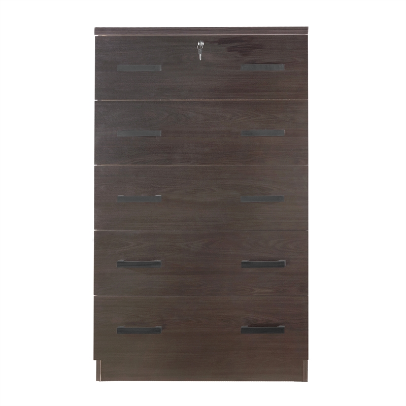 Maklaine Contemporary Wooden Tall 5 Drawer Chest Bedroom Dresser Tobacco