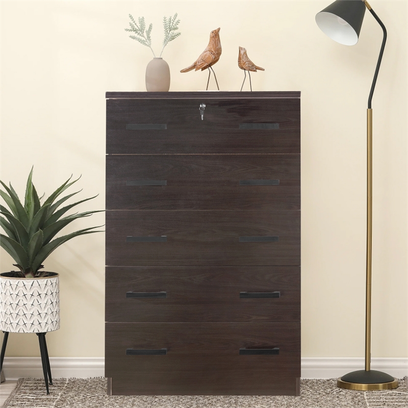 Maklaine Contemporary Wooden Tall 5 Drawer Chest Bedroom Dresser Tobacco