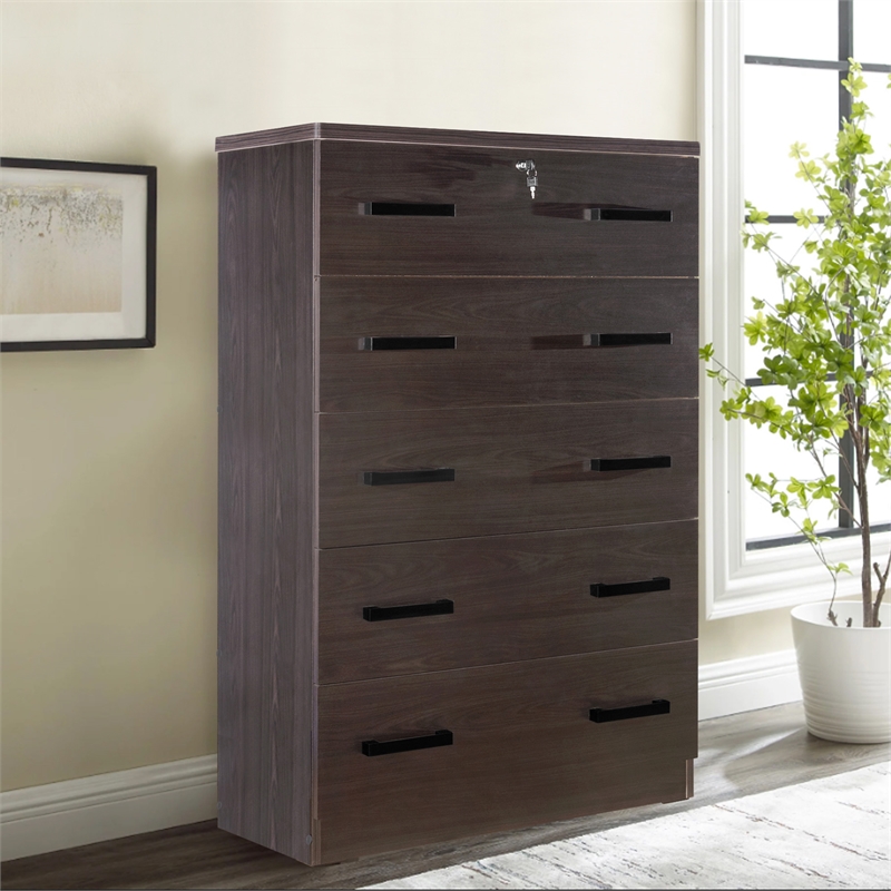 Maklaine Contemporary Wooden Tall 5 Drawer Chest Bedroom Dresser Tobacco