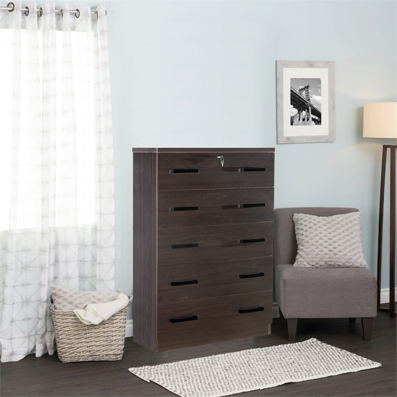 Maklaine Contemporary Wooden Tall 5 Drawer Chest Bedroom Dresser Tobacco