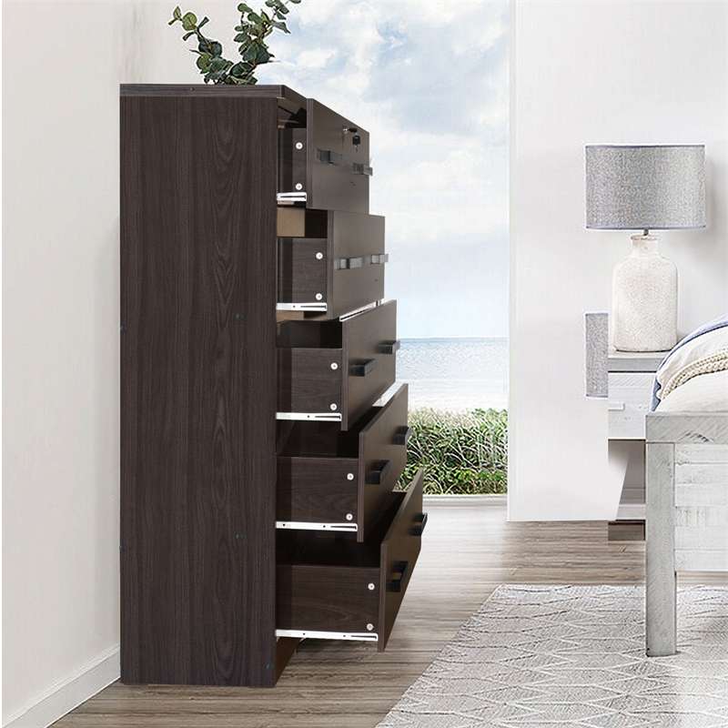 Maklaine Contemporary Wooden Tall 5 Drawer Chest Bedroom Dresser Tobacco