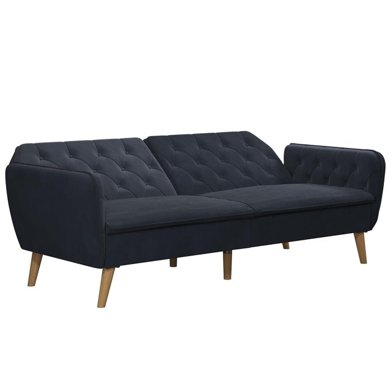 Maklaine Wood Mid-Century Memory Foam Velvet Futon in Blue Finish
