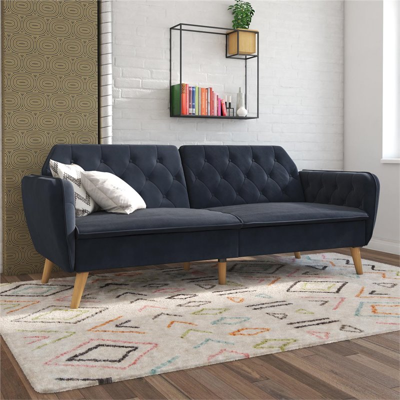 Maklaine Wood Mid-Century Memory Foam Velvet Futon in Blue Finish