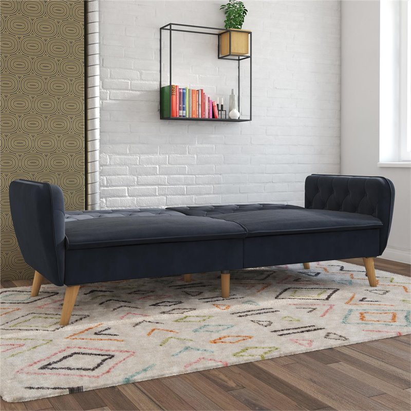 Maklaine Wood Mid-Century Memory Foam Velvet Futon in Blue Finish