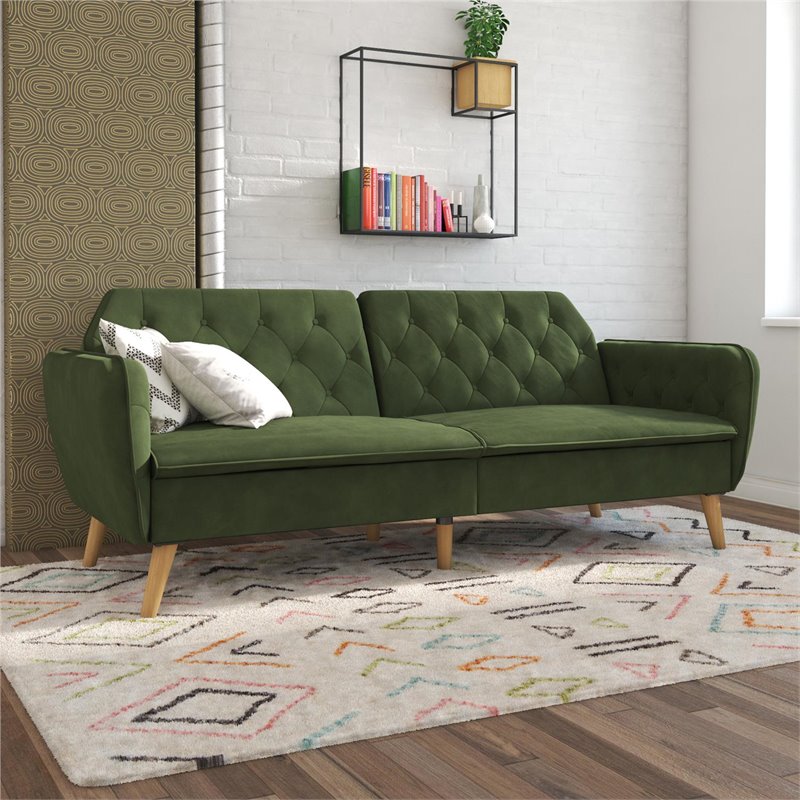Maklaine Memory Foam Futon in Convertible Couch in Green Velvet