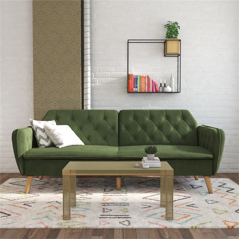 Maklaine Memory Foam Futon in Convertible Couch in Green Velvet