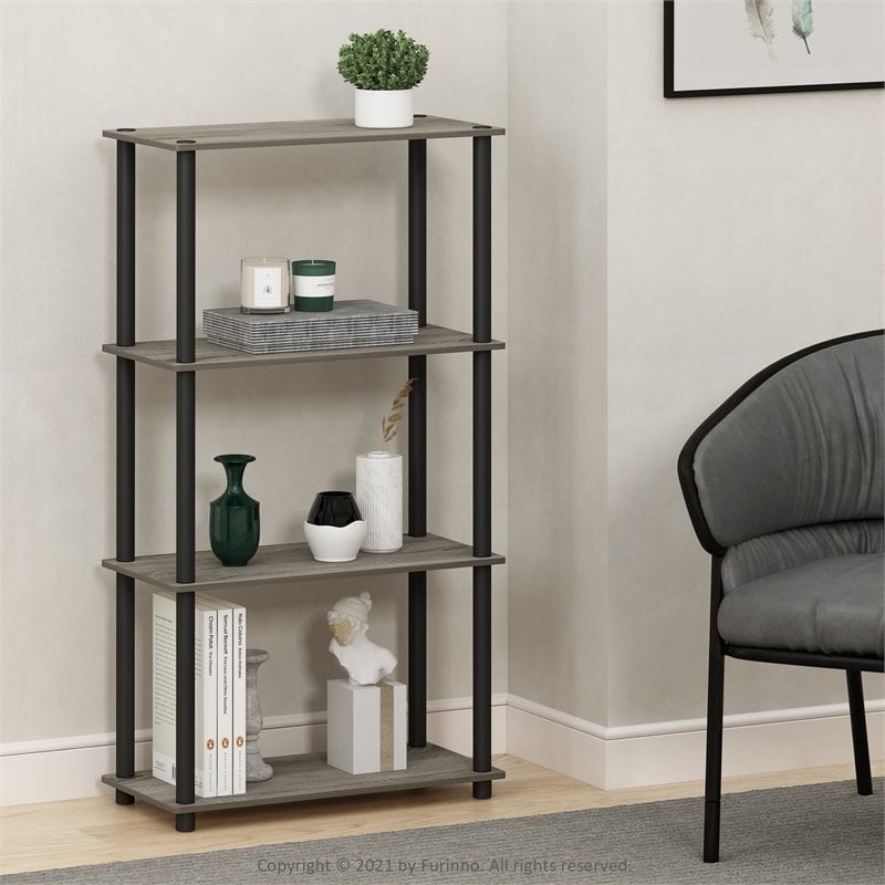 Maklaine Turn-N-Tube Wood 4-Tier Shelf Display Rack in French Oak Gray/Black
