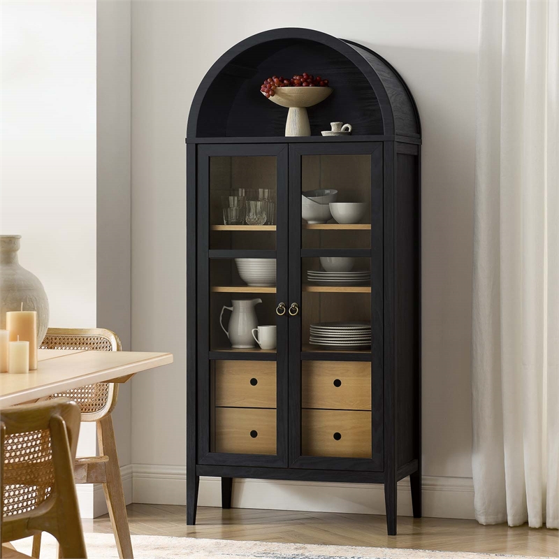 Maklaine Contemporary Wood Tall Storage Display Cabinet in Black and Oak