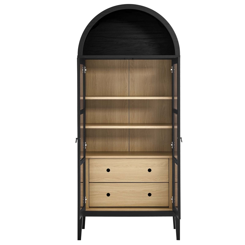 Maklaine Contemporary Wood Tall Storage Display Cabinet in Black and Oak