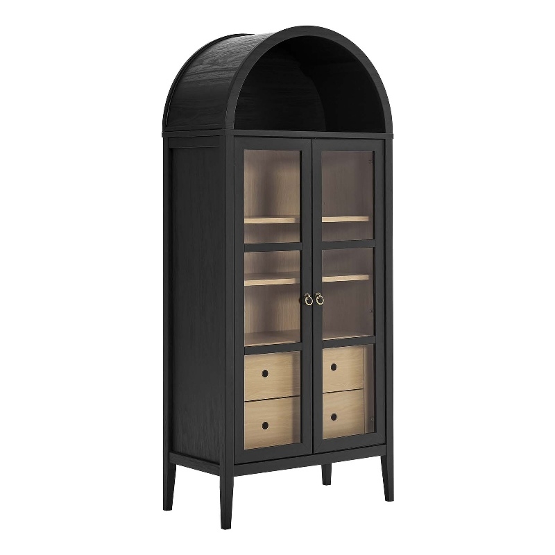 Maklaine Contemporary Wood Tall Storage Display Cabinet in Black and Oak