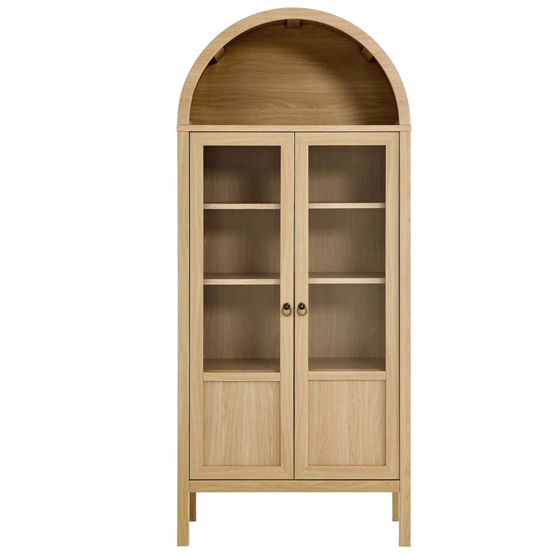 Maklaine Wood Tall Storage Display Cabinet with Rounded Arched Top in Oak