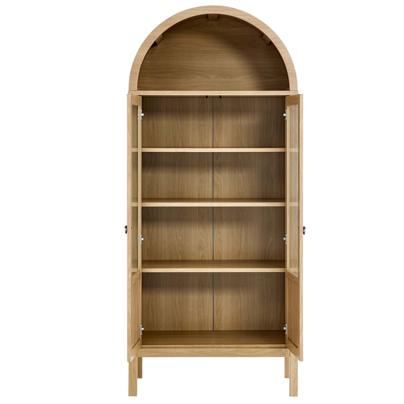 Maklaine Wood Tall Storage Display Cabinet with Rounded Arched Top in Oak