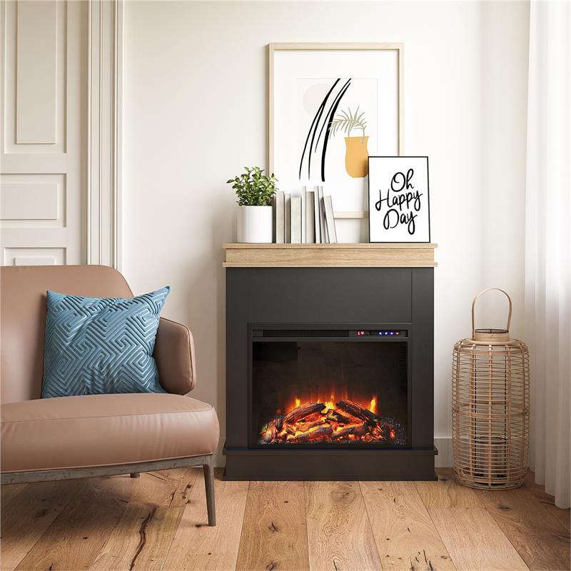 Maklaine Contemporary Fireplace with Mantel in Black with Natural Mantel