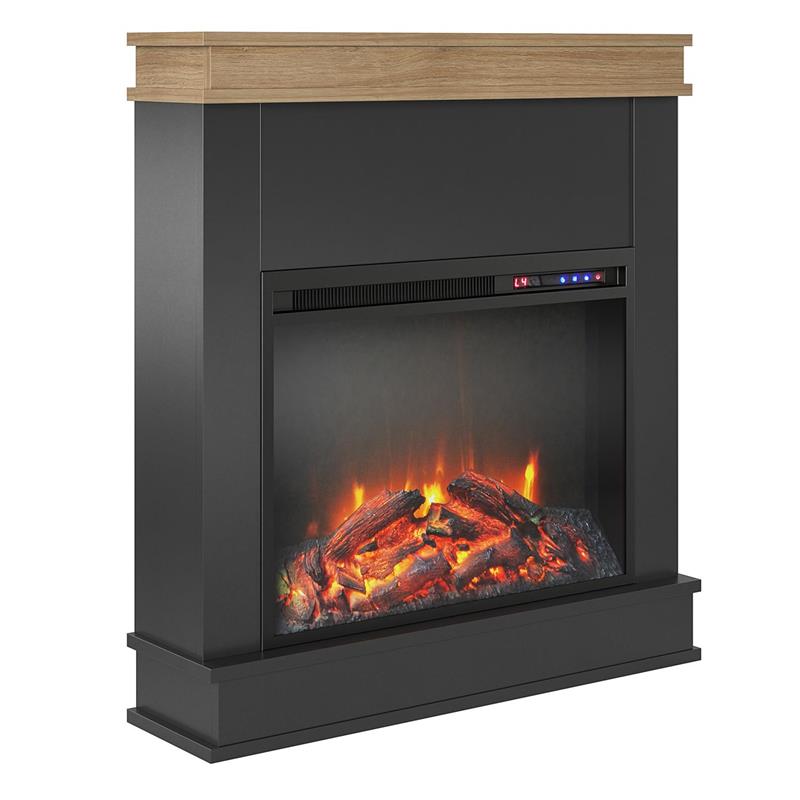 Maklaine Contemporary Fireplace with Mantel in Black with Natural Mantel
