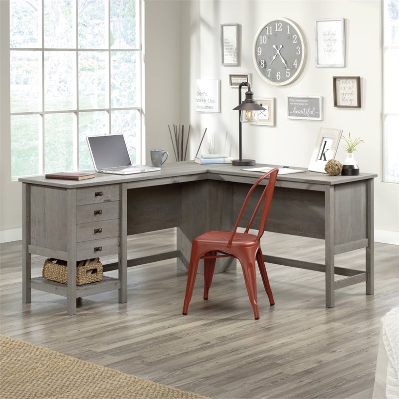 Maklaine Engineered Wood L-Shaped Computer Desk in Mystic Oak