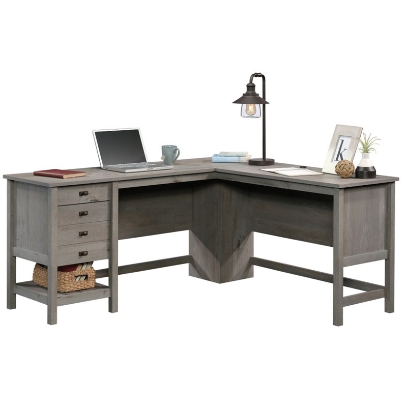 Maklaine Engineered Wood L-Shaped Computer Desk in Mystic Oak