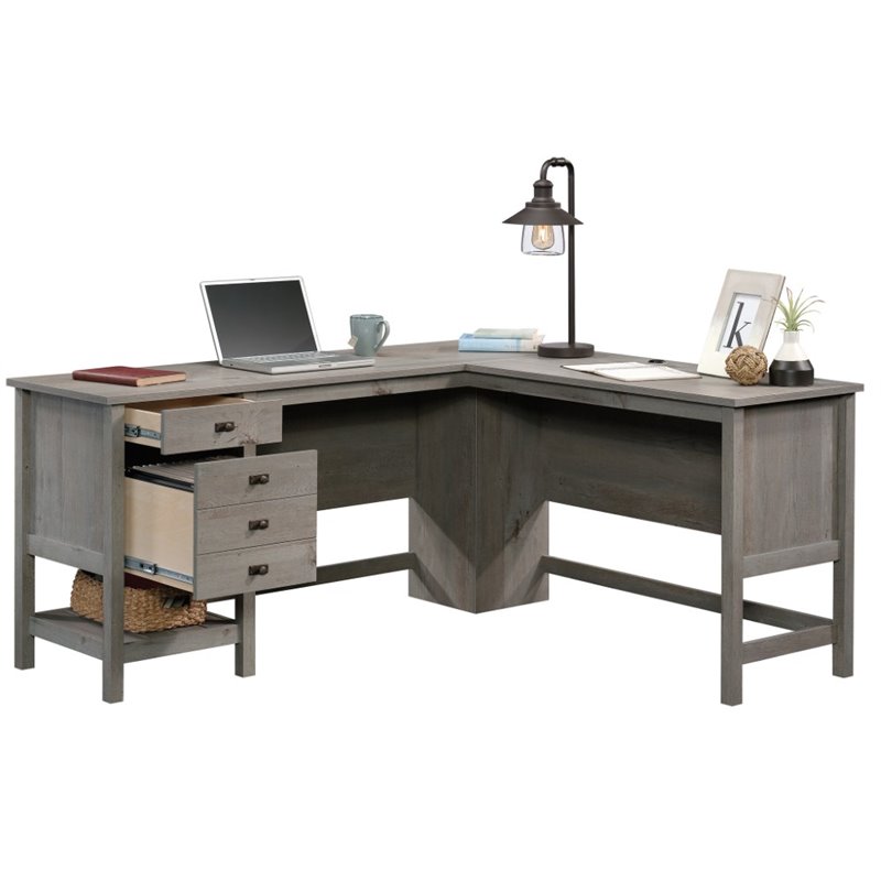 Maklaine Engineered Wood L-Shaped Computer Desk in Mystic Oak