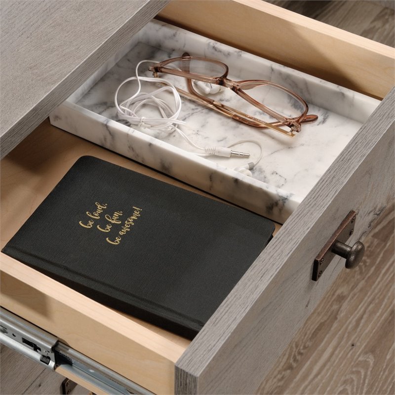 Maklaine Engineered Wood L-Shaped Computer Desk in Mystic Oak