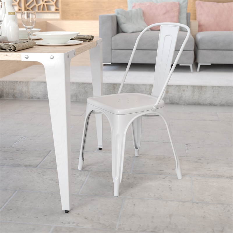 Maklaine Industrial Metal Stackable Dining Side Chair in White