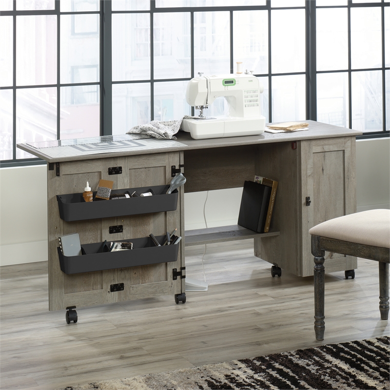 Maklaine Engineered Wood Sewing Craft Cart in Mystic Oak Finish