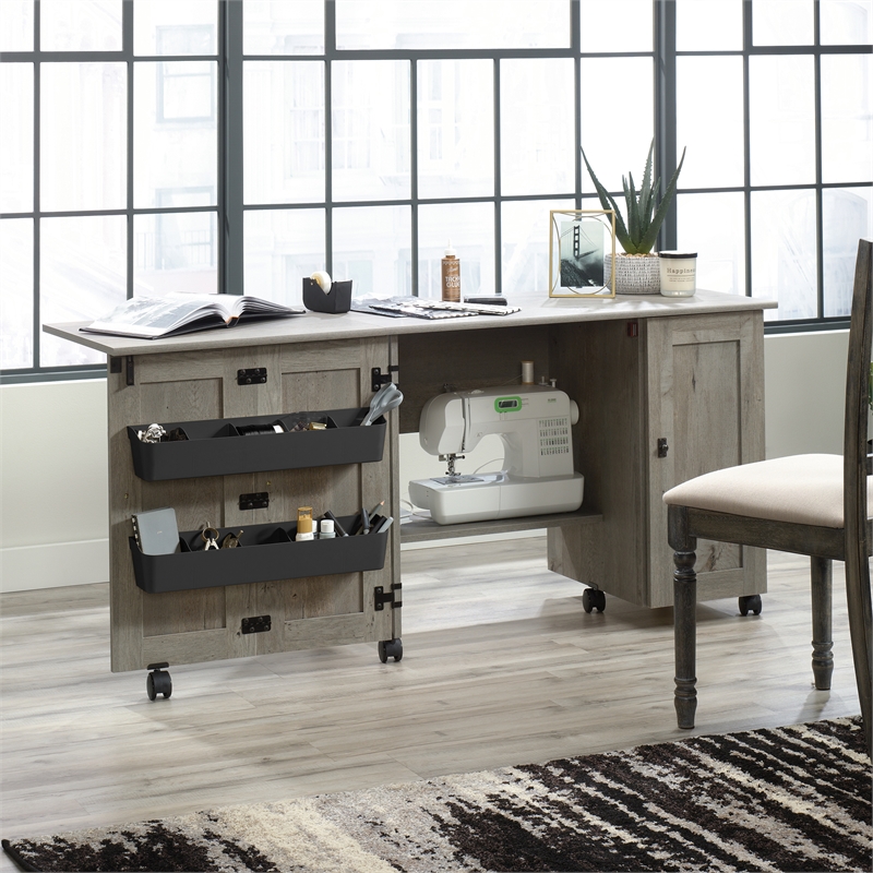 Maklaine Engineered Wood Sewing Craft Cart in Mystic Oak Finish