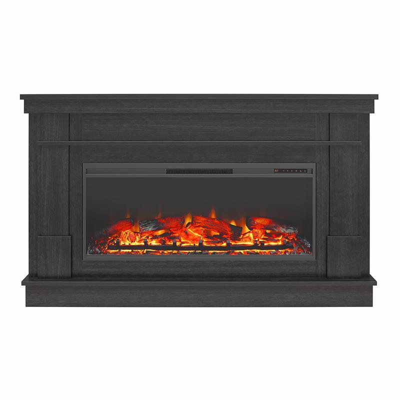 Maklaine Wide Mantel with Linear Electric Fireplace in Black Oak