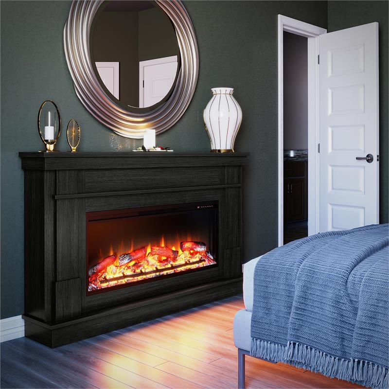 Maklaine Wide Mantel with Linear Electric Fireplace in Black Oak