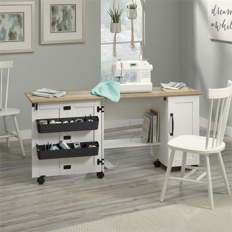 Maklaine Contemporary Engineered Wood Sewing Craft Cart in Soft White