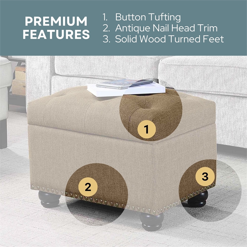Maklaine Storage Ottoman Sandstone Fabric w/ Solid Wood Feet