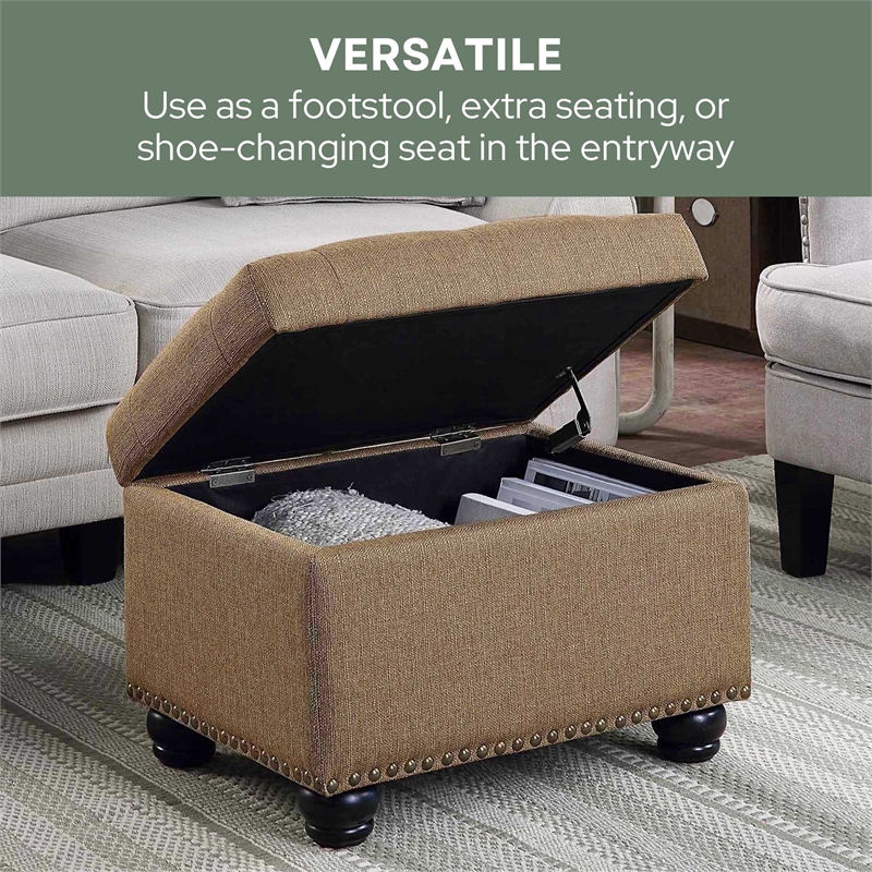 Maklaine Storage Ottoman Sandstone Fabric w/ Solid Wood Feet